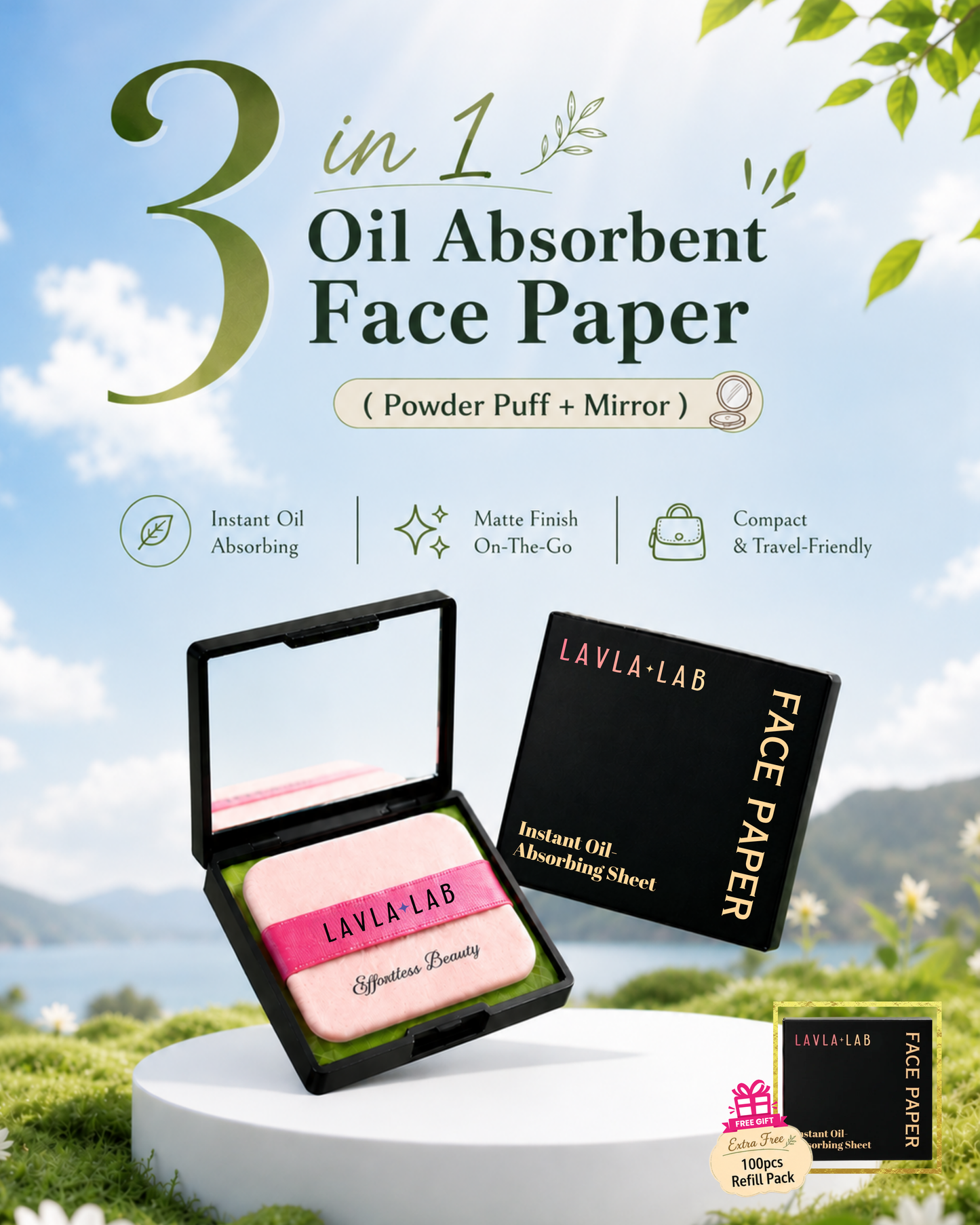 3 in 1 Oil Absorbing Face Paper ( Powder Puff + Mirror )